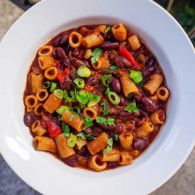 A close-up view of the hearty ditalini with hot cocoa chili, showcasing tender pasta and flavorful spices.