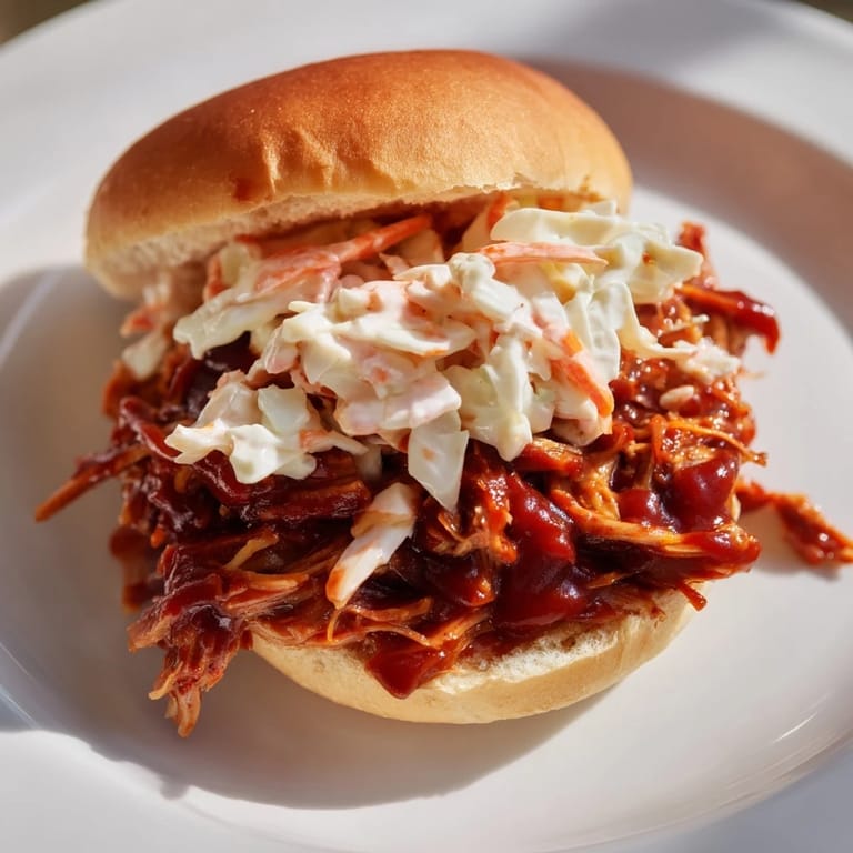 A close-up of delicious BBQ jackfruit sliders: plant-based pulled pork topped with creamy coleslaw.