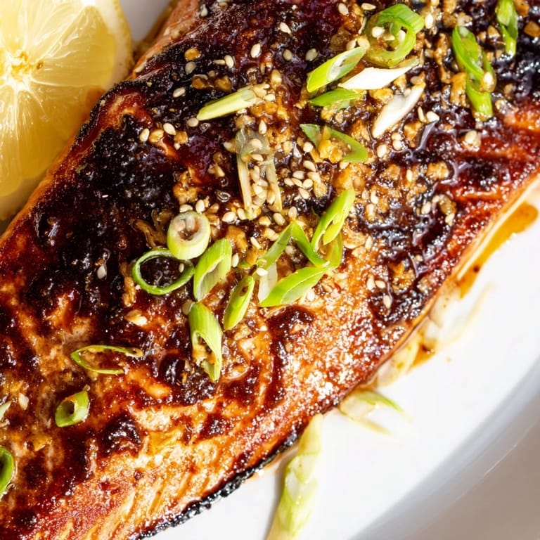 A close-up of beautifully cooked ginger soy glazed salmon, offering a sweet & savory aroma.