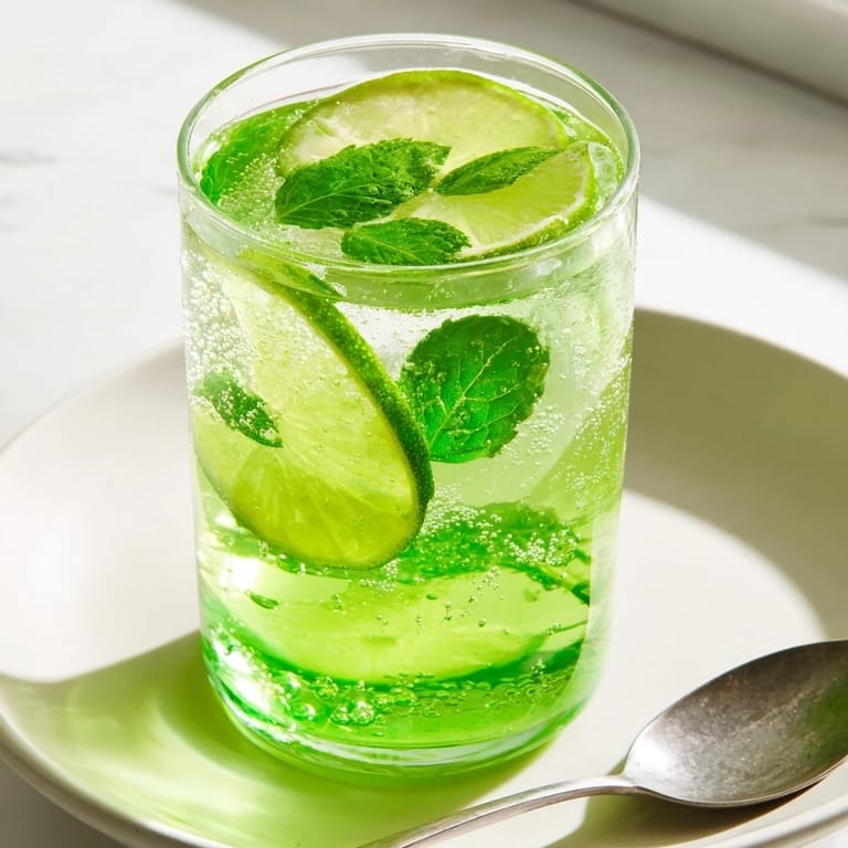 Close-up of a pitcher filled with Mint Lime Agua Fresca -- a perfect drink for a party.