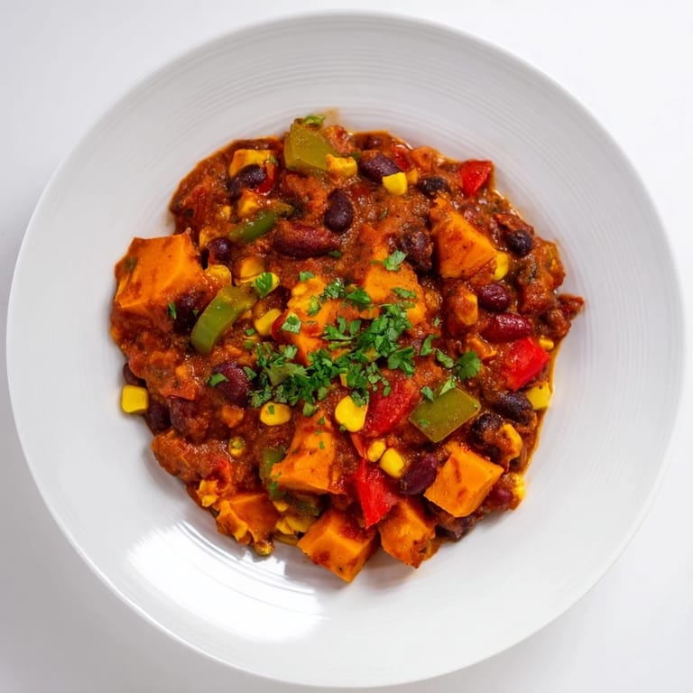 Thick and hearty Smoky Sweet Potato Chili, garnished with fresh cilantro, ready to be enjoyed.
