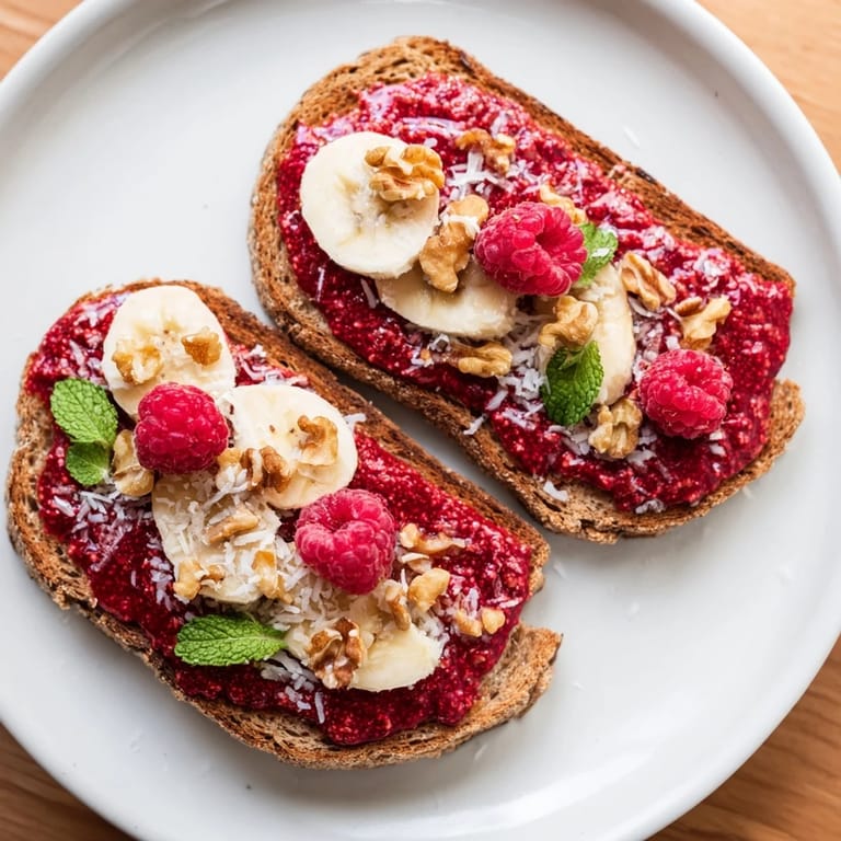 Close-up of a raspberry chia jam toast with fresh raspberry topping, perfect for a quick snack.