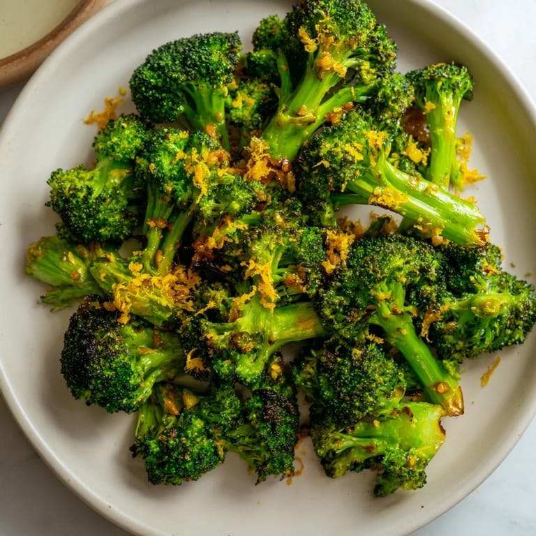 Crispy-edged Lemon Garlic Roasted Broccoli piled ready to serve with a bright lemon garnish.