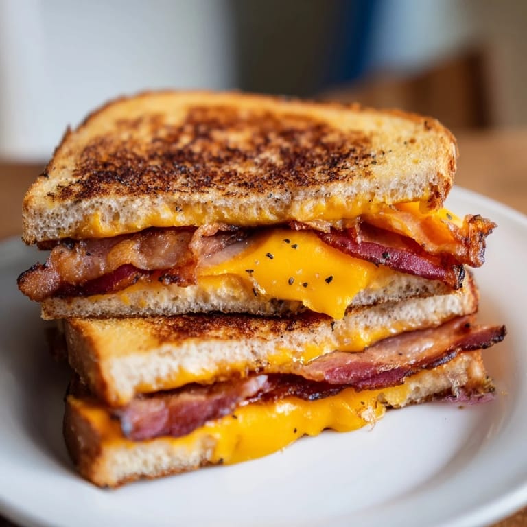 A close-up of a perfectly grilled Crispy Bacon Cheddar Grilled Cheese, with bacon peeking out invitingly.