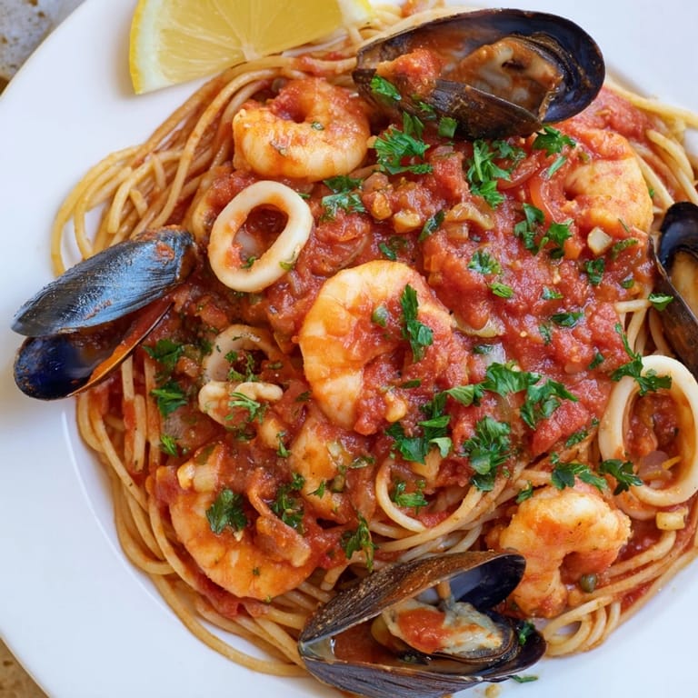 Rustic plate of Seafood Marinara Pasta, a comforting pasta dish with fresh herbs garnishing.