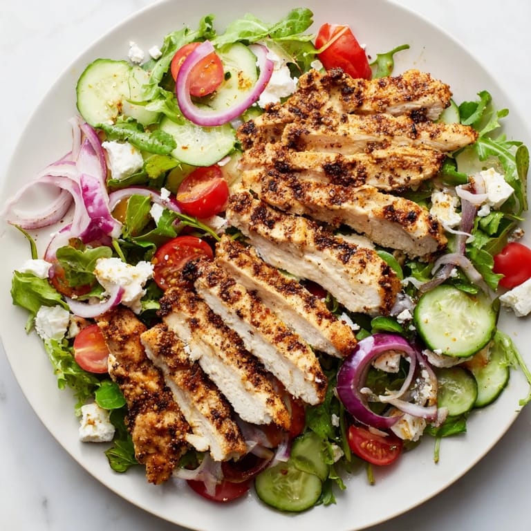Crispy pan-seared chicken salad: Imagine the savory aroma of seasoned chicken next to colorful tomatoes in a salad.