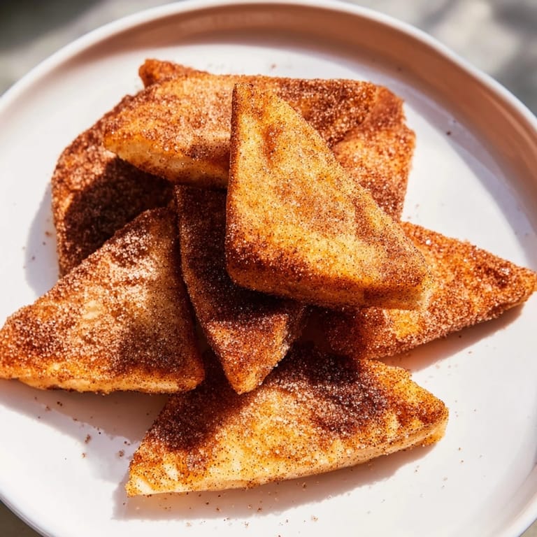 Close-up of golden brown cinnamon sugar tortilla chips, perfect for dipping and enjoying.