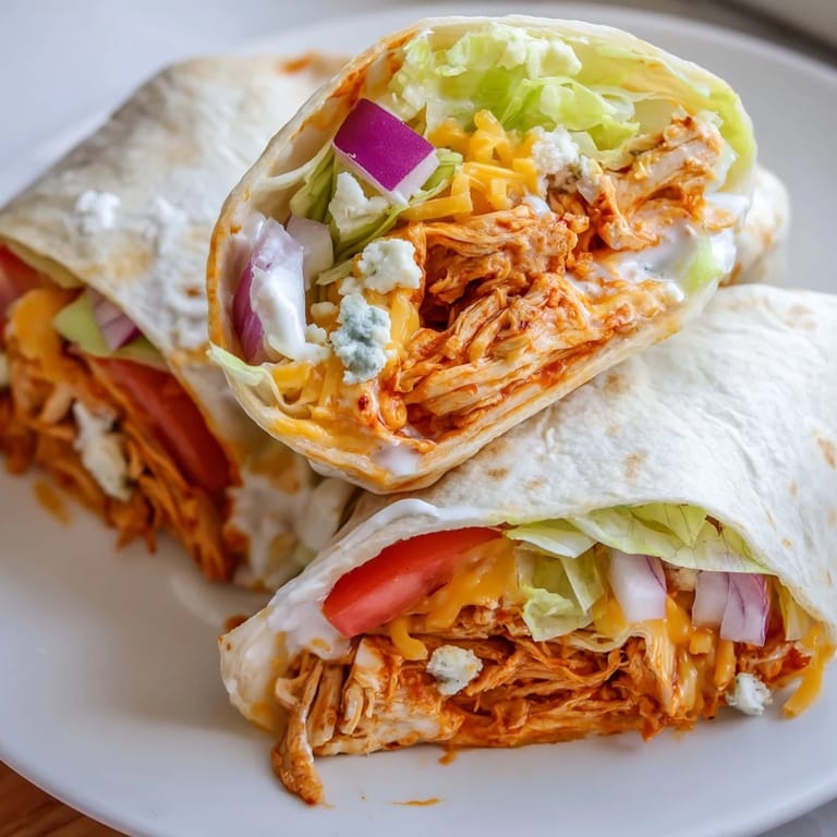 A close-up of a delicious Buffalo Chicken Wrap, ready to serve for lunch with a drizzle of ranch.