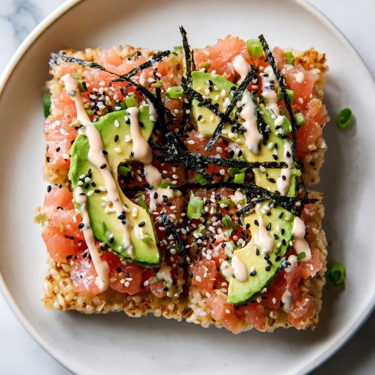 A close-up shows the colorful layers of a Crispy Rice Salmon Stack, ready for a delicious bite.