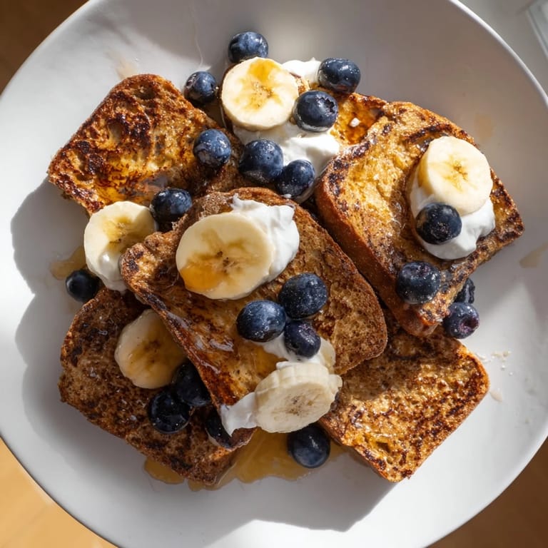 Warm, custardy Protein French Toast, cooked to perfection, ready to be enjoyed with maple syrup.