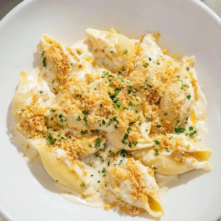 Golden, bubbly baked High-Protein Mac & Cheese, with a crispy breadcrumb topping, ready to eat.