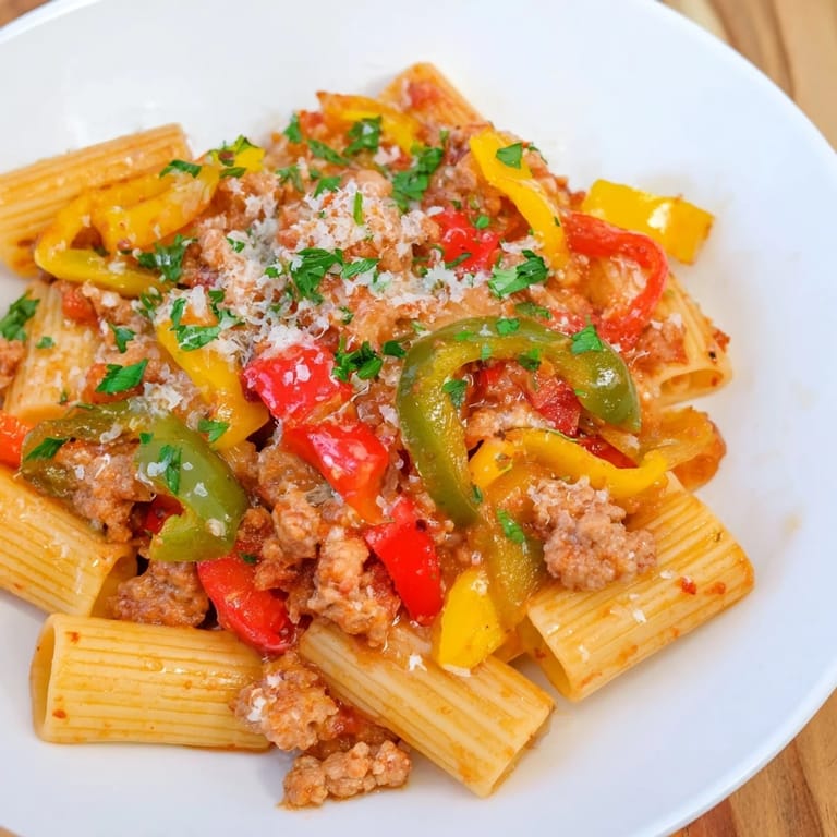 Tender Sausage and Peppers Pasta, showcasing Italian sausage and vibrant peppers in rich tomato sauce.