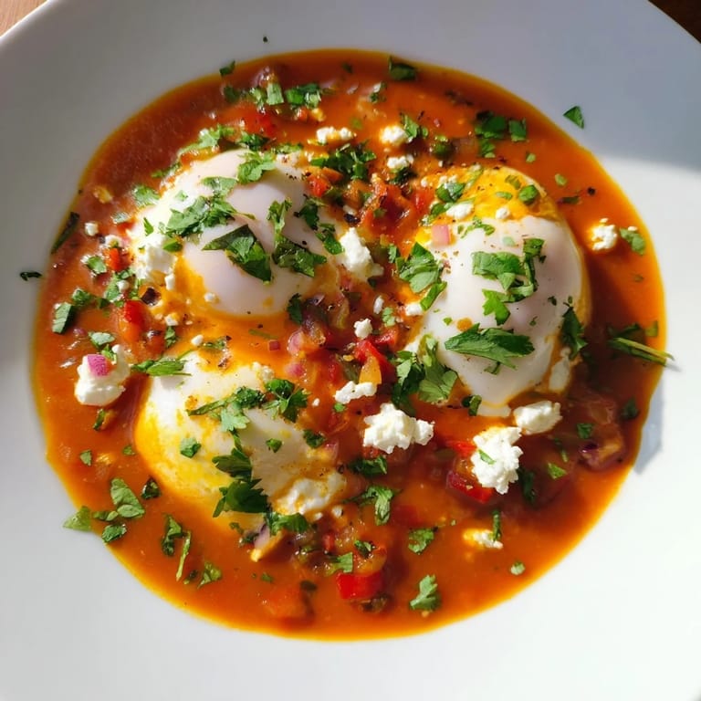 A close-up shot of rich Israeli Shakshuka Eggs, golden yolk dripping into the savory sauce, ready to serve.