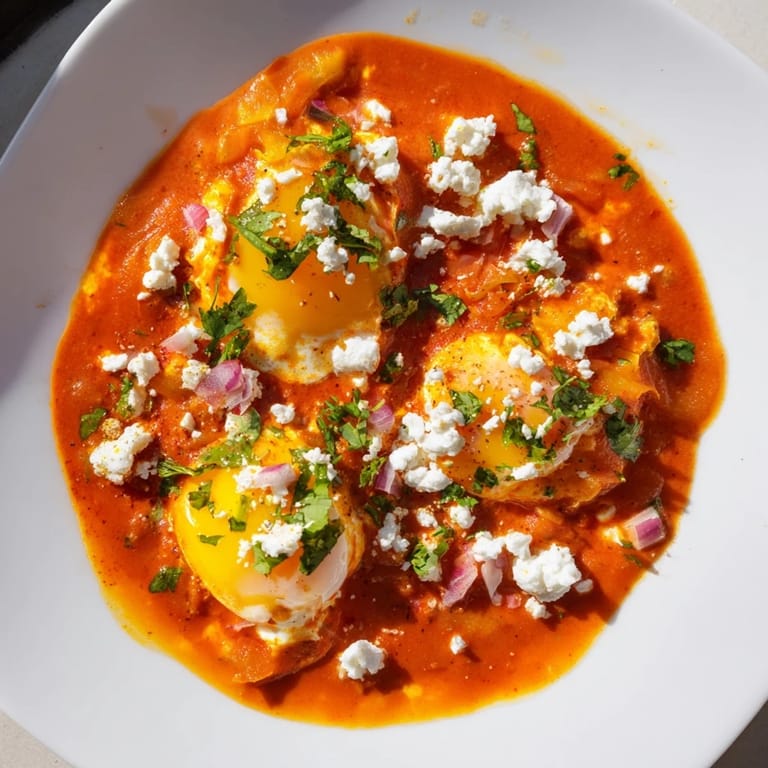 Warm and comforting Israeli Shakshuka Eggs, garnished with fresh herbs, ideal for breakfast or a light dinner.