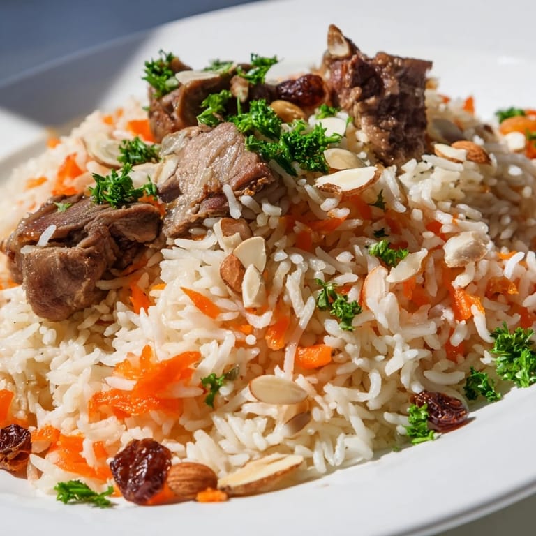 Fluffy, spiced Saudi Kabsa Rice with toasted almonds and juicy, flavorful meat for a feast.