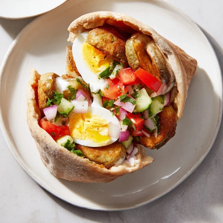 A close-up shot of an Israeli Sabich showcases layers of pita, eggplant, and fresh Israeli salad.