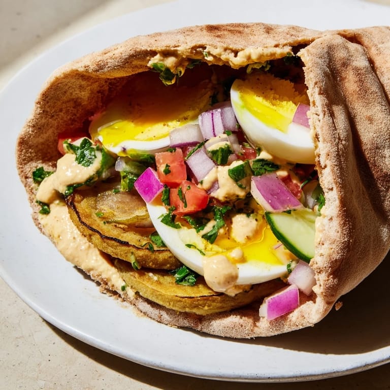 Golden-brown fried eggplant and vibrant salad inside a pita, a delicious Israeli Sabich ready to eat.