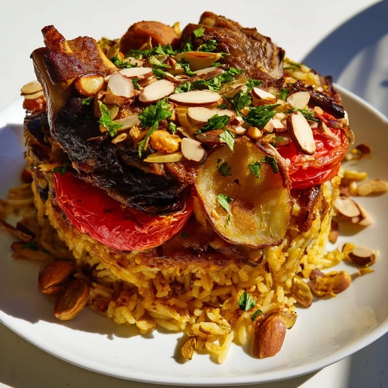 Golden-brown eggplant and potatoes surround flavorful chicken in this stunning Maqluba centerpiece.