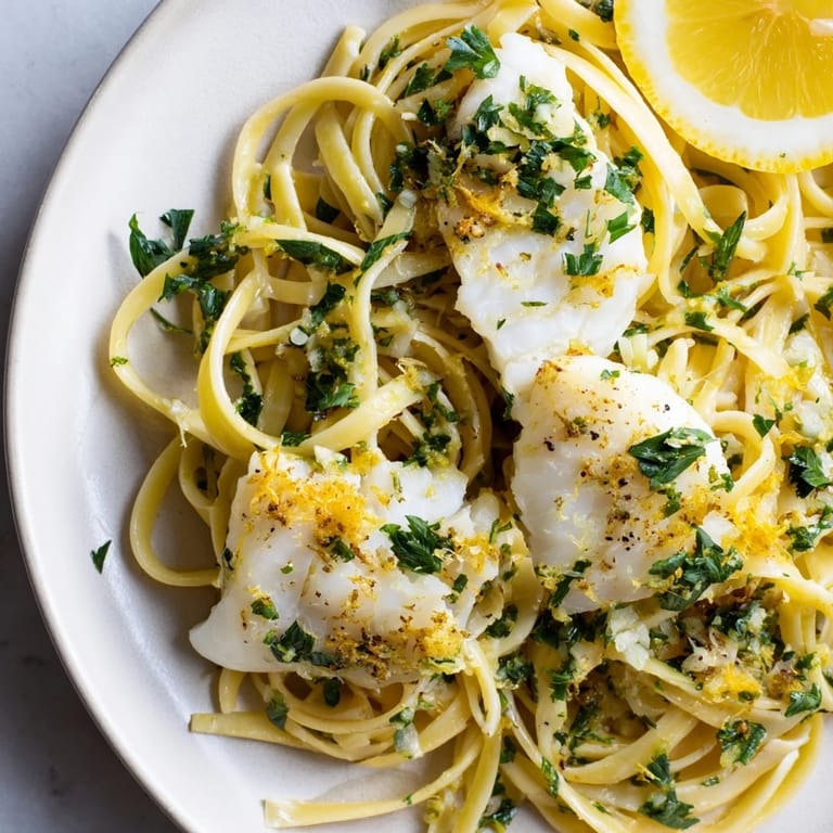 A close-up of finished Crispy Fish Pasta: golden fish, spaghetti, lemon, and fresh herbs combine.