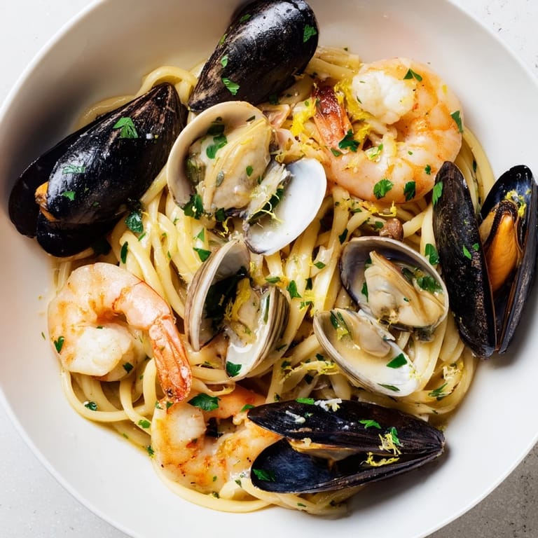 Bright, flavorful seafood linguine, plated with fresh parsley and a lemon wedge, ready to enjoy.