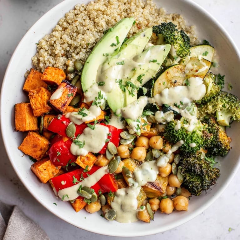 Plant-based Quinoa Buddha Bowl featuring colorful roasted sweet potatoes and chickpeas drizzled with creamy tahini.