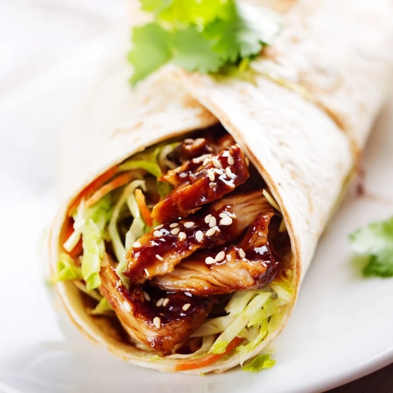 This savory teriyaki chicken wrap is filled with fresh crunchy vegetables and sesame seeds.  