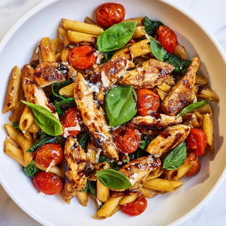 Easy dinner idea: Balsamic Glazed Chicken Pasta served with Parmesan and al dente noodles.