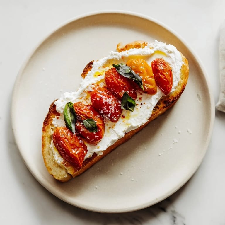 A close-up of vibrant roasted cherry tomatoes bubbling atop thick-sliced sourdough spread with smooth, lemon-zested ricotta cheese, finished with olive oil drizzle.