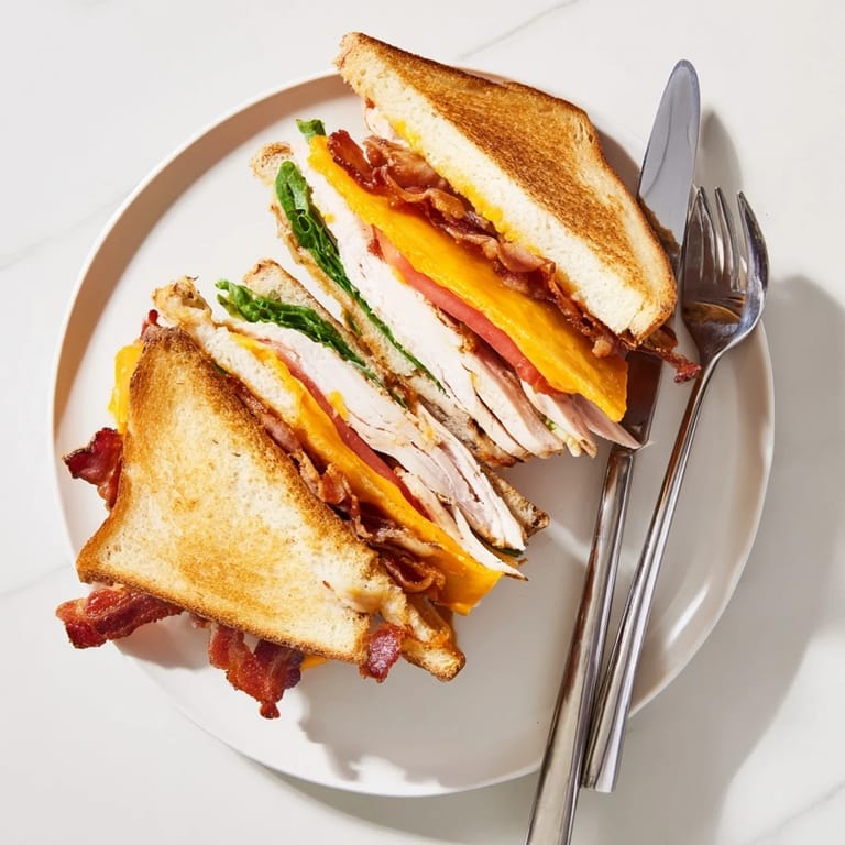 Sliced into triangles, the Turkey Club Grilled Cheese shows layers of roasted turkey, juicy tomato, and melted Swiss cheese.  