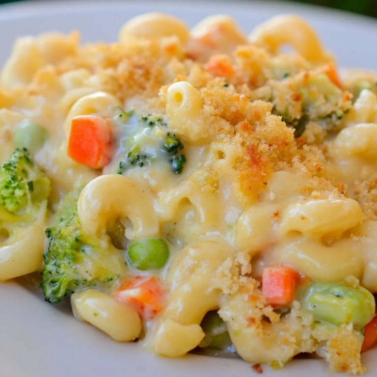 Comforting bowl of homemade Garden Veg Mac and Cheese featuring tender vegetables and bubbly, melted mozzarella and Parmesan.