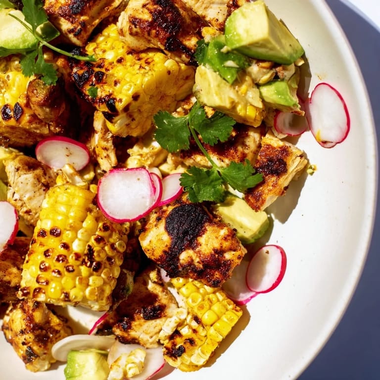 Hearty and gluten-free, the Roasted Corn & Chicken Chopped Salad combines crisp romaine, creamy avocado, and smoky corn for a refreshing dinner.
