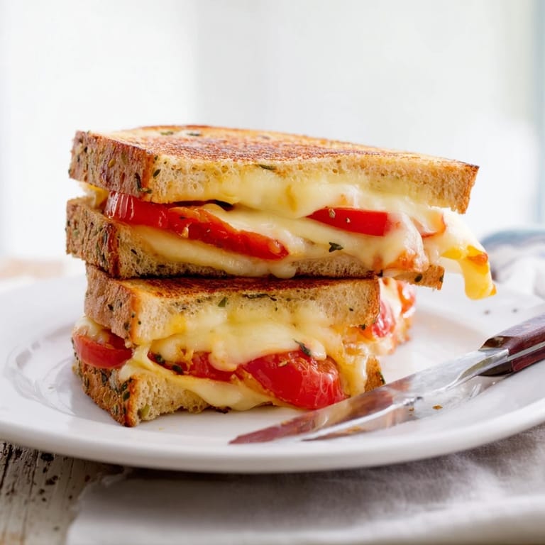 Freshly sliced Pepper Jack & Tomato Grilled Cheese served on a rustic plate, ready to pair with a side of tomato soup.