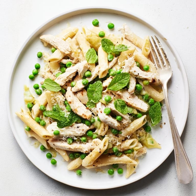 Serving suggestion for Pea & Mint Chicken Pasta with lemon wedges and fresh herbs.