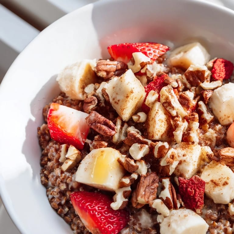 Serving suggestion for Buckwheat Groats Breakfast with mixed nuts and berries in a cozy bowl with a side of milk.