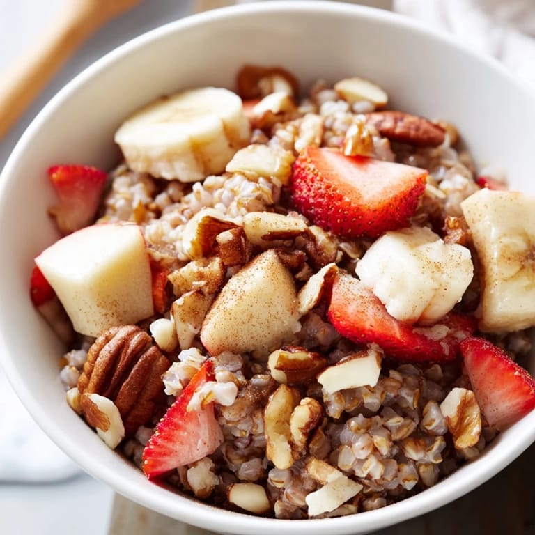 A wholesome bowl of Buckwheat Groats Breakfast topped with crunchy walnuts, ripe banana slices, and a sprinkle of cinnamon.  