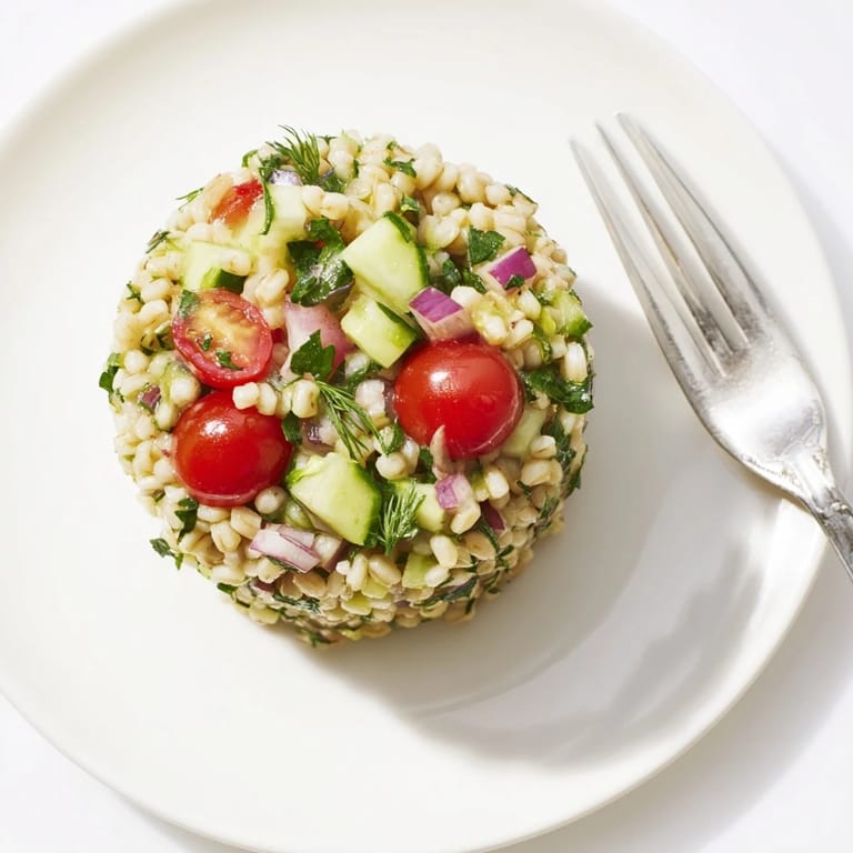 Brightly lit Barley and Herb Salad with diced cucumber, halved cherry tomatoes, and fresh herbs, perfect as a light vegetarian lunch or side.