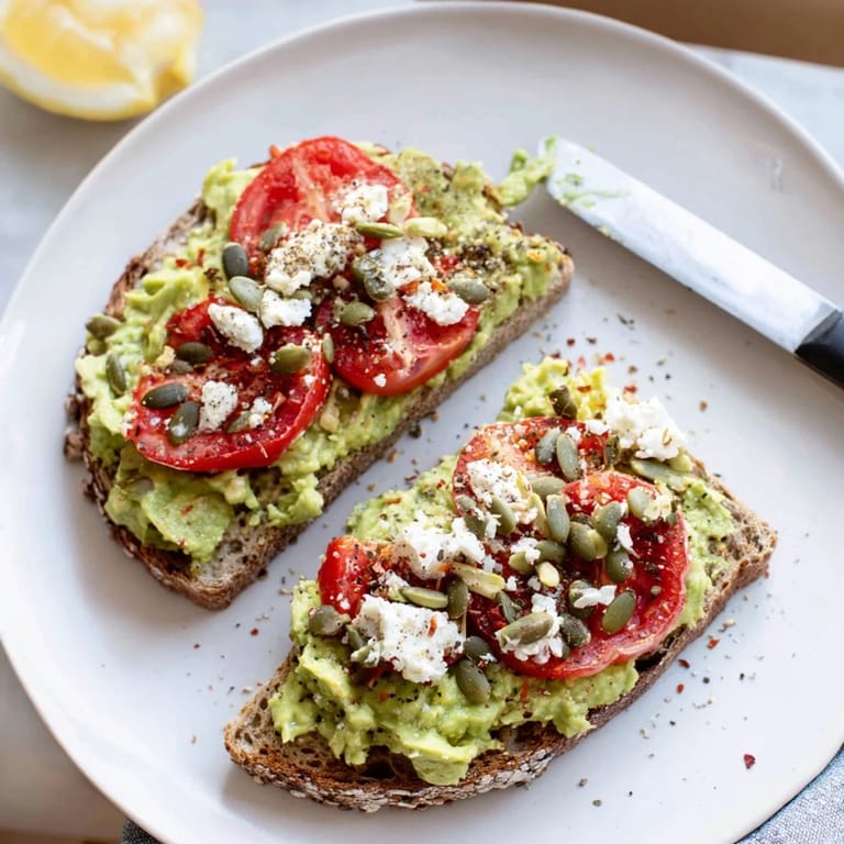 Golden toasted whole grain bread topped with mashed avocado, fresh tomato slices, and crunchy pumpkin seeds for a satisfying snack.