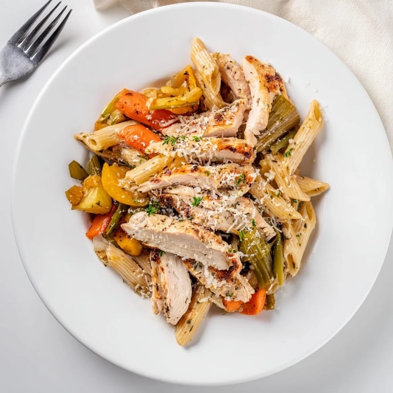 Close-up view of juicy sliced garlic herb chicken and colorful vegetables mingled with penne in a savory sauce.
