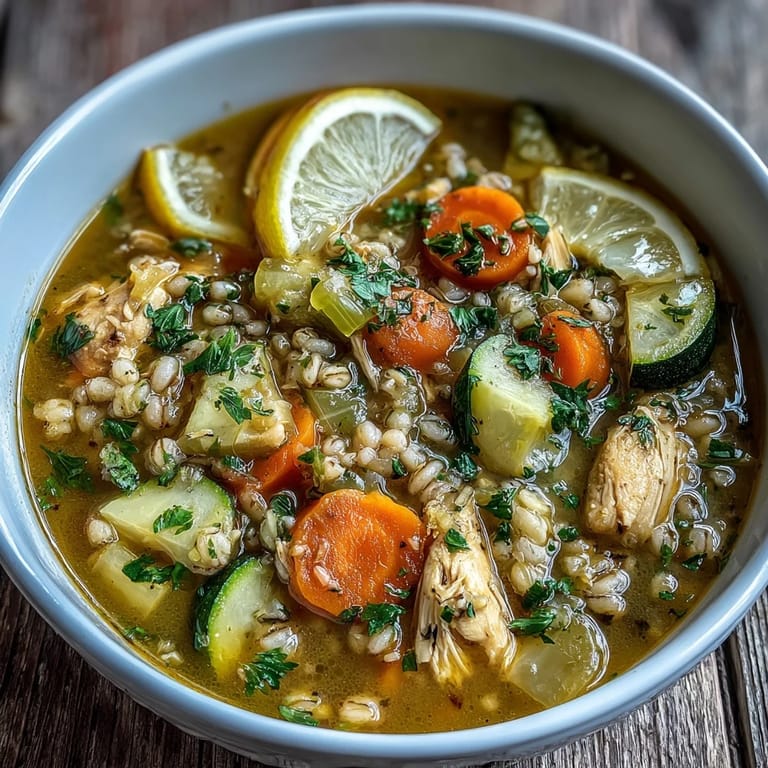 Soothing Turmeric Chicken With Pearl Barley served with lemon wedges and crusty bread on a rustic table for dinner.
