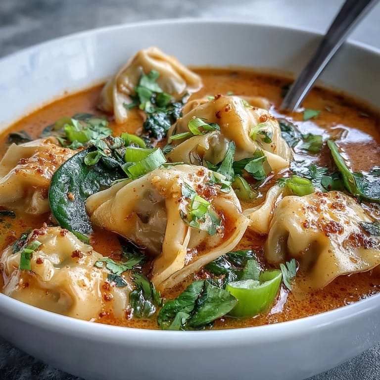 Spicy red curry wonton soup steaming in a white bowl with vibrant greens.