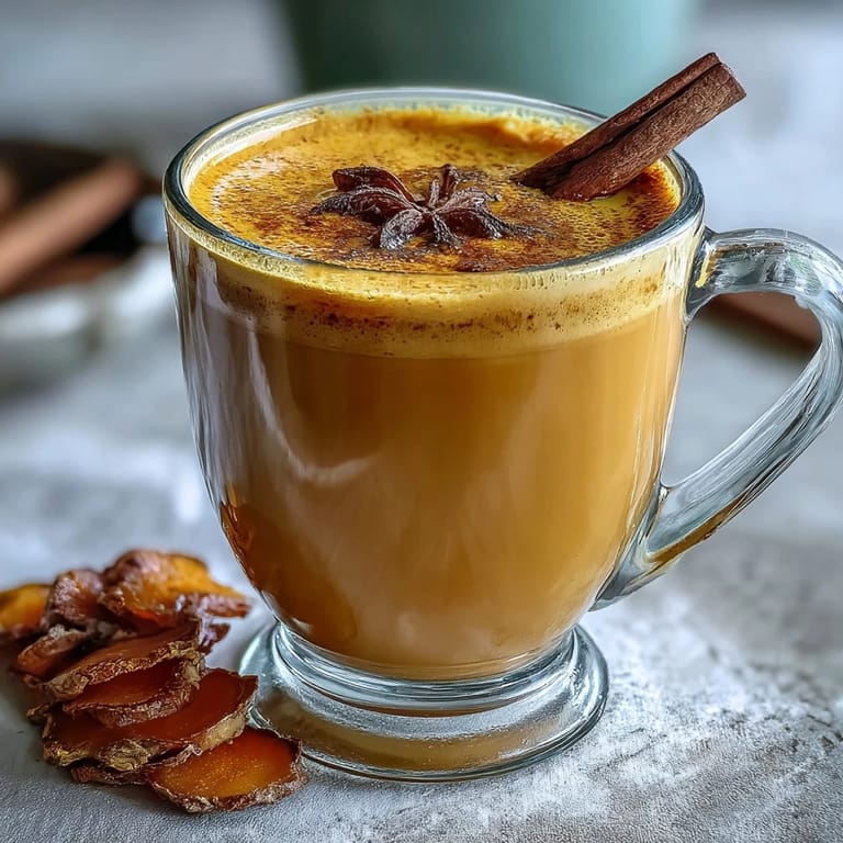 Two mugs of golden milk beside fresh ginger root and a honey dipper, perfect for a soothing bedtime beverage.