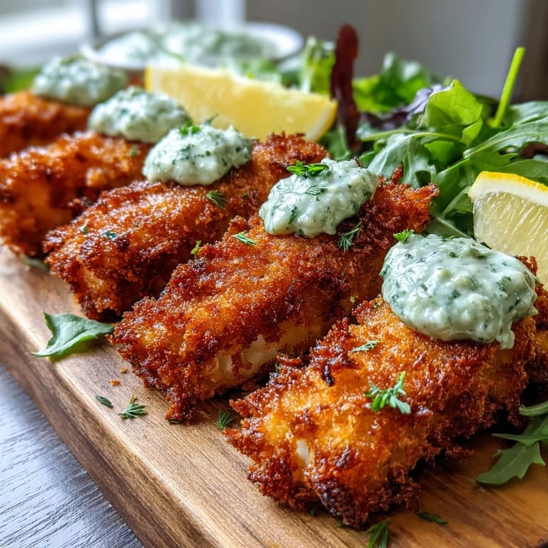 A close-up view of crunchy Parmesan-crusted haddock goujons paired with a creamy pea pesto dip.  