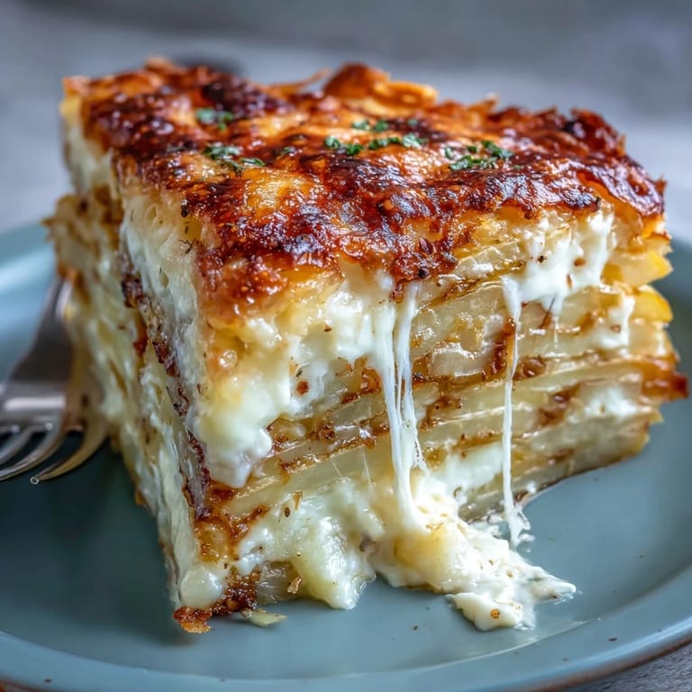 Steaming slice of Cheese and Potato Pie shows creamy potatoes, melted Gruyère and cheddar, and caramelized onions beneath a golden, flaky crust.
