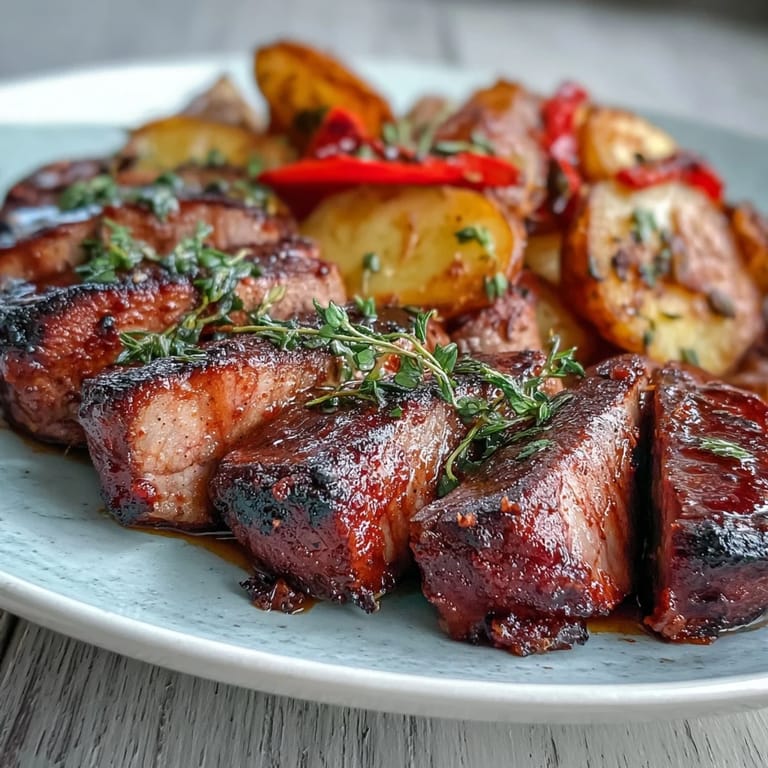 A succulent marinated Ibérico pork fillet with roasted potatoes and peppers on a rustic platter.