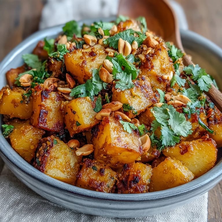 A vegetarian Curried Celeriac main dish served over steamed rice, showcasing aromatic spices and tender root vegetables.