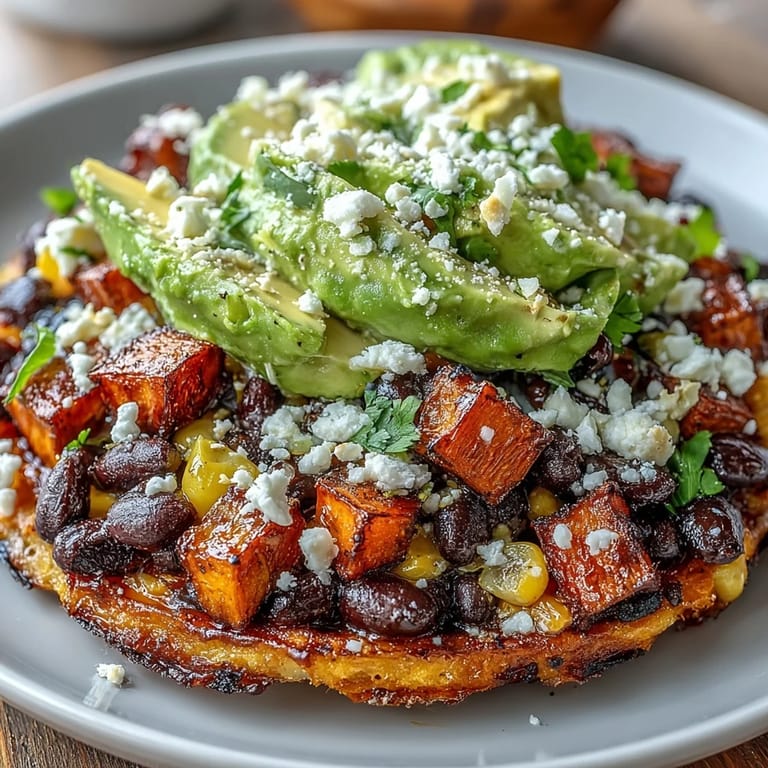 Vegetarian and gluten-free Black Bean and Sweet Potato Tostadas with creamy avocado and crumbled feta for a satisfying crunch.
