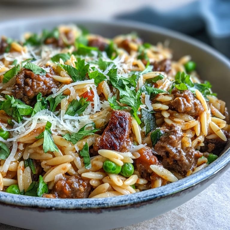 Overhead view of a savory skillet of Comforting Ground Beef Orzo Dinner with bell peppers and peas mixed in.
