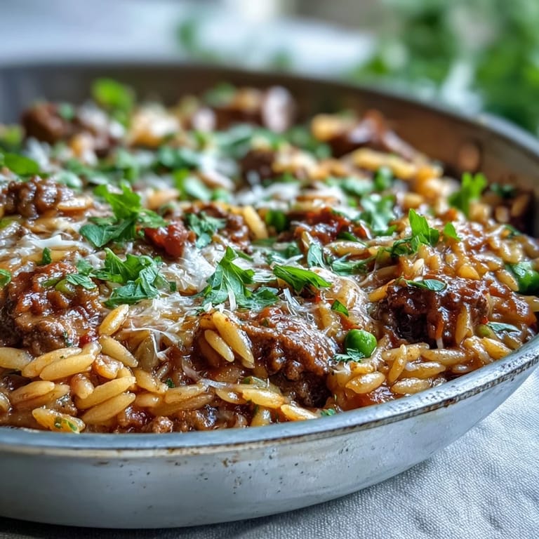 Freshly cooked Comforting Ground Beef Orzo Dinner served in a ceramic bowl with a side of warm bread.