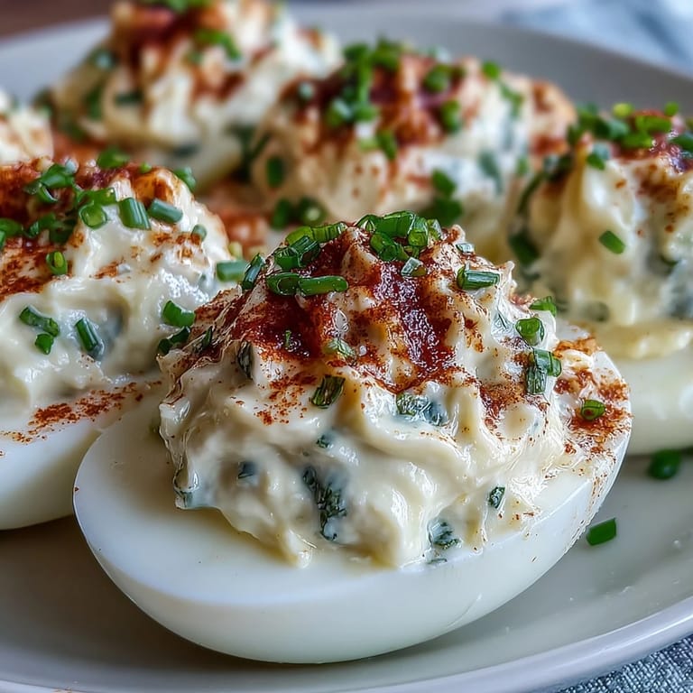 Close-up of Million Dollar Deviled Eggs showcasing creamy yolk filling with chives, ready for a backyard barbecue or brunch buffet.