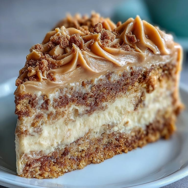Freshly baked Decadent Baked Biscoff Cake with Creamy Lotus Frosting, featuring smooth frosting swirls and scattered Biscoff biscuits on a wooden board.